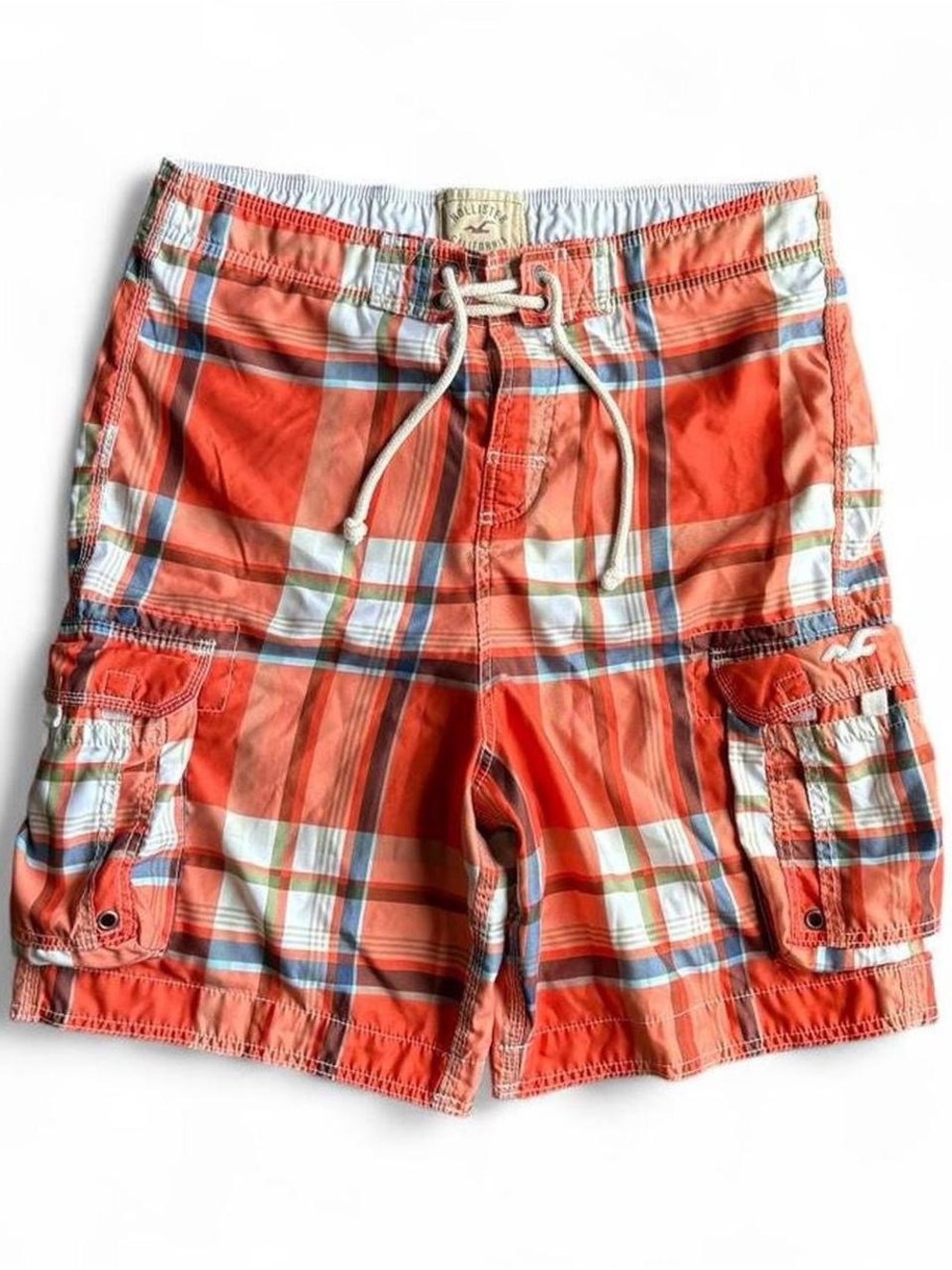 Hollister Orange Plaid Cargo swim shorts